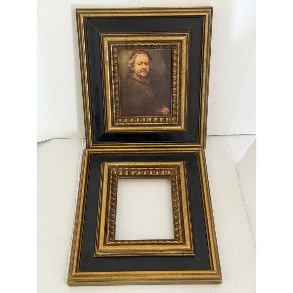 Vintage Black and Gold Ornate Picture Frame Set with Rembrandt Portrait Art